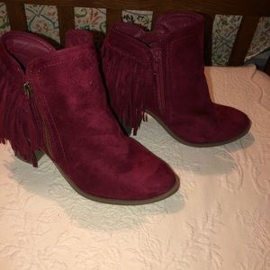 Red suede fringe booties 7.5